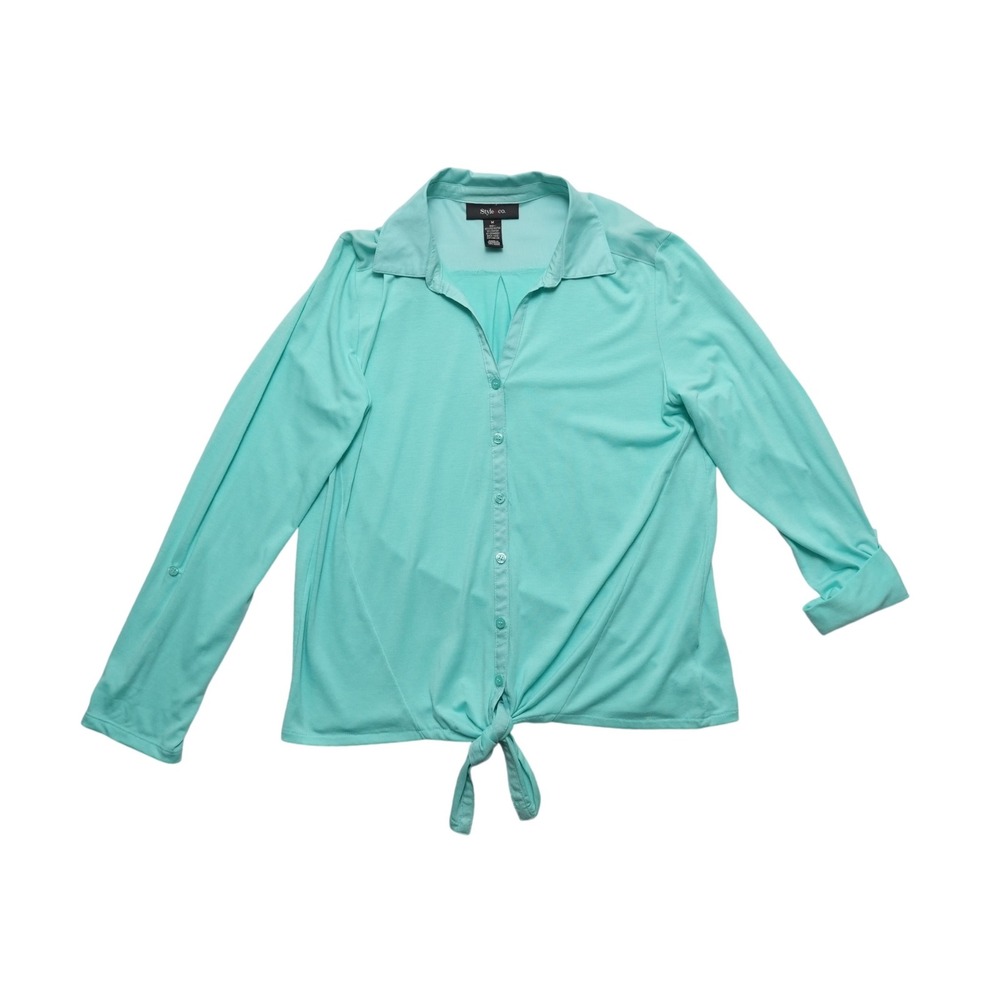 Style & Co. Roll Tab Sleeve Button‎ Front Knit Tie Women M Aqua Collared Shirt